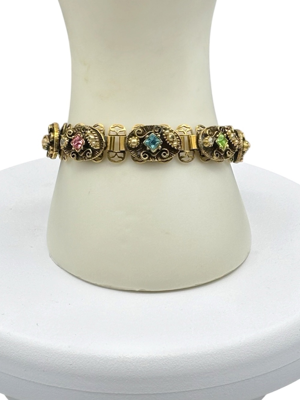 Rare Unique Vintage Panel Bracelet with Pearls and Gemstones 7”
